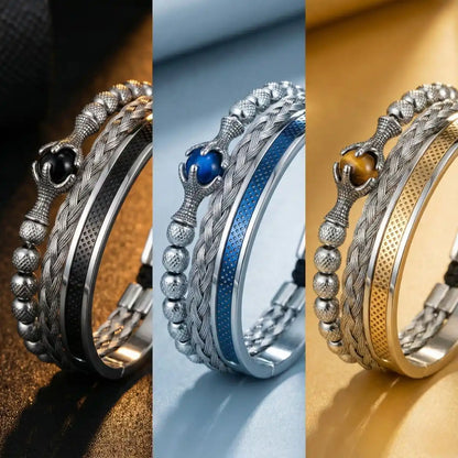 Dragon Claw Tiger Eye Bracelet Set Gold Blue and Black Details Front