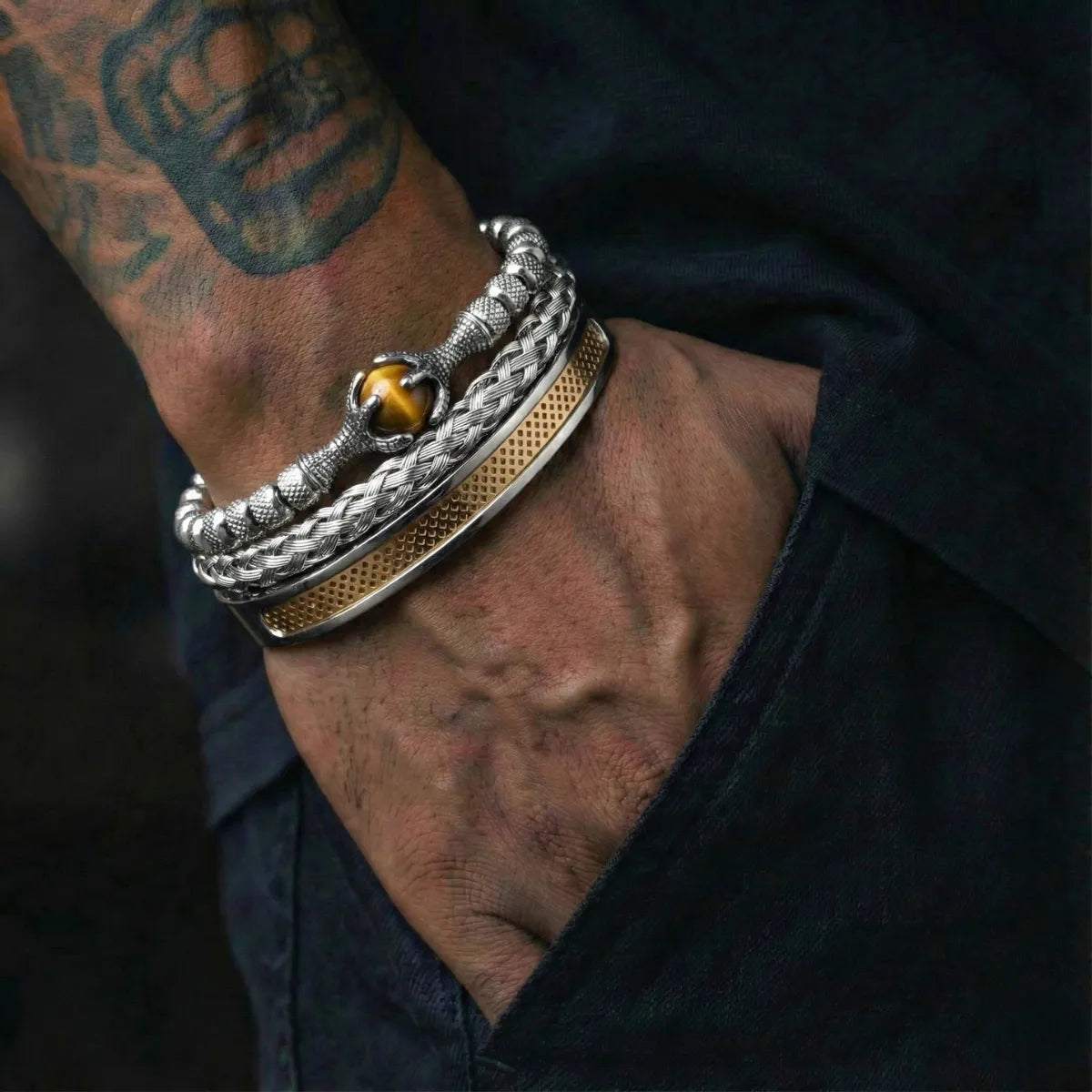 Dragon Claw Tiger Eye Bracelet Set Gold Worn by Male Model