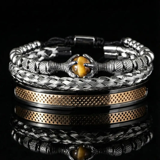 Dragon Claw Tiger Eye Bracelet Set Gold