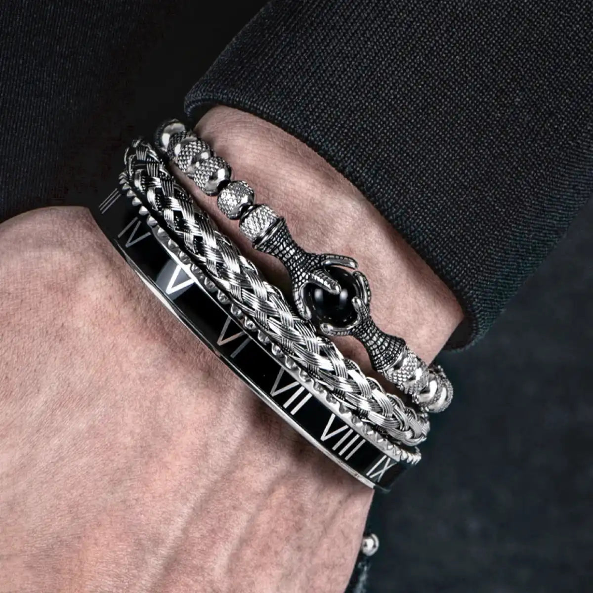 Dragon Claw & Roman Numeral Bracelet Set Black Worn by Male Model