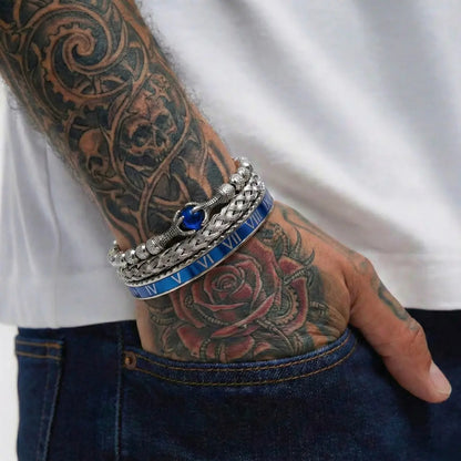 Dragon Claw & Roman Numeral Bracelet Set Blue Worn by Male Model