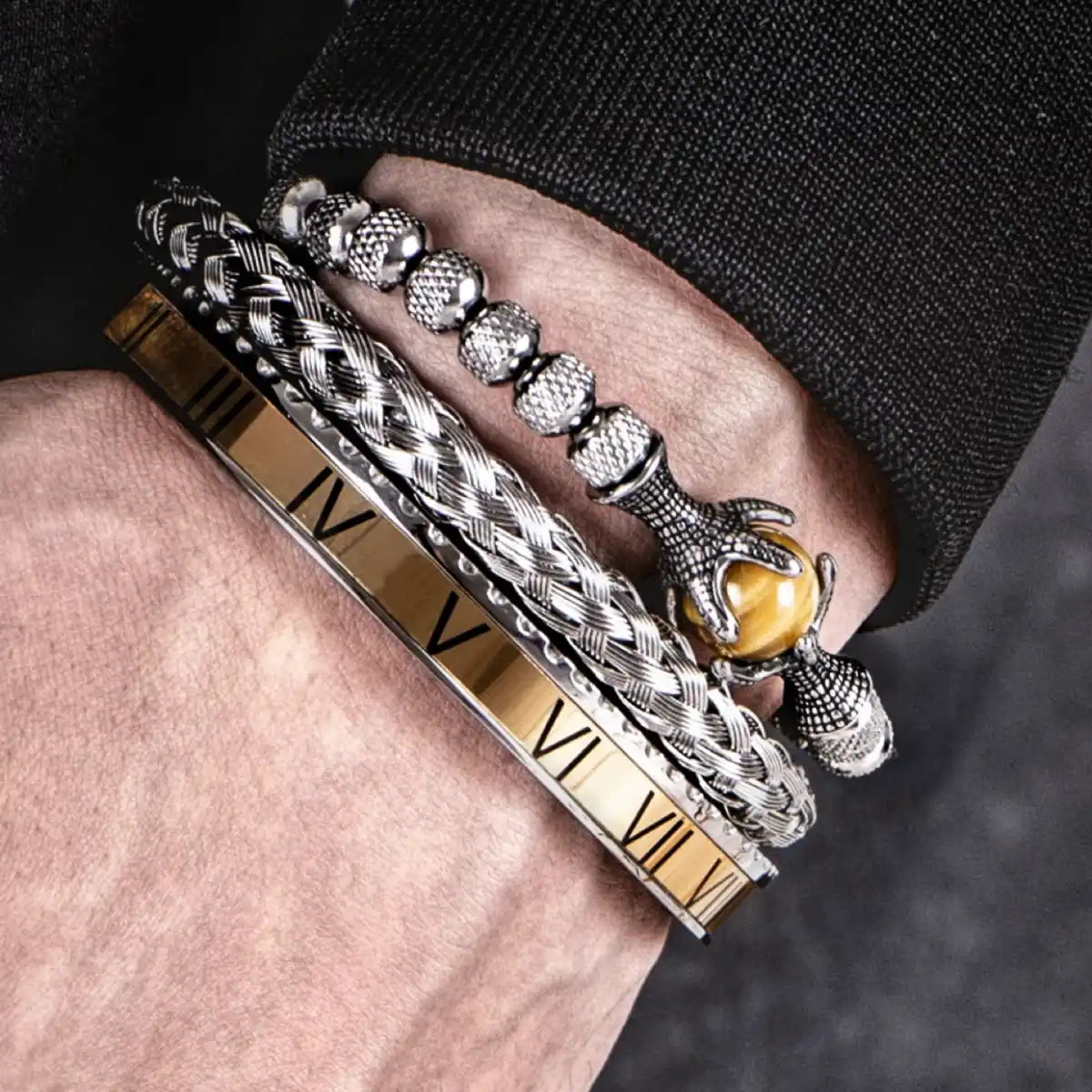 Dragon Claw & Roman Numeral Bracelet Set Gold Worn by Male Model
