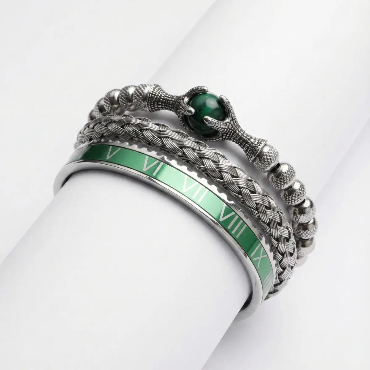 Dragon Claw & Roman Numeral Bracelet Set Green Details
