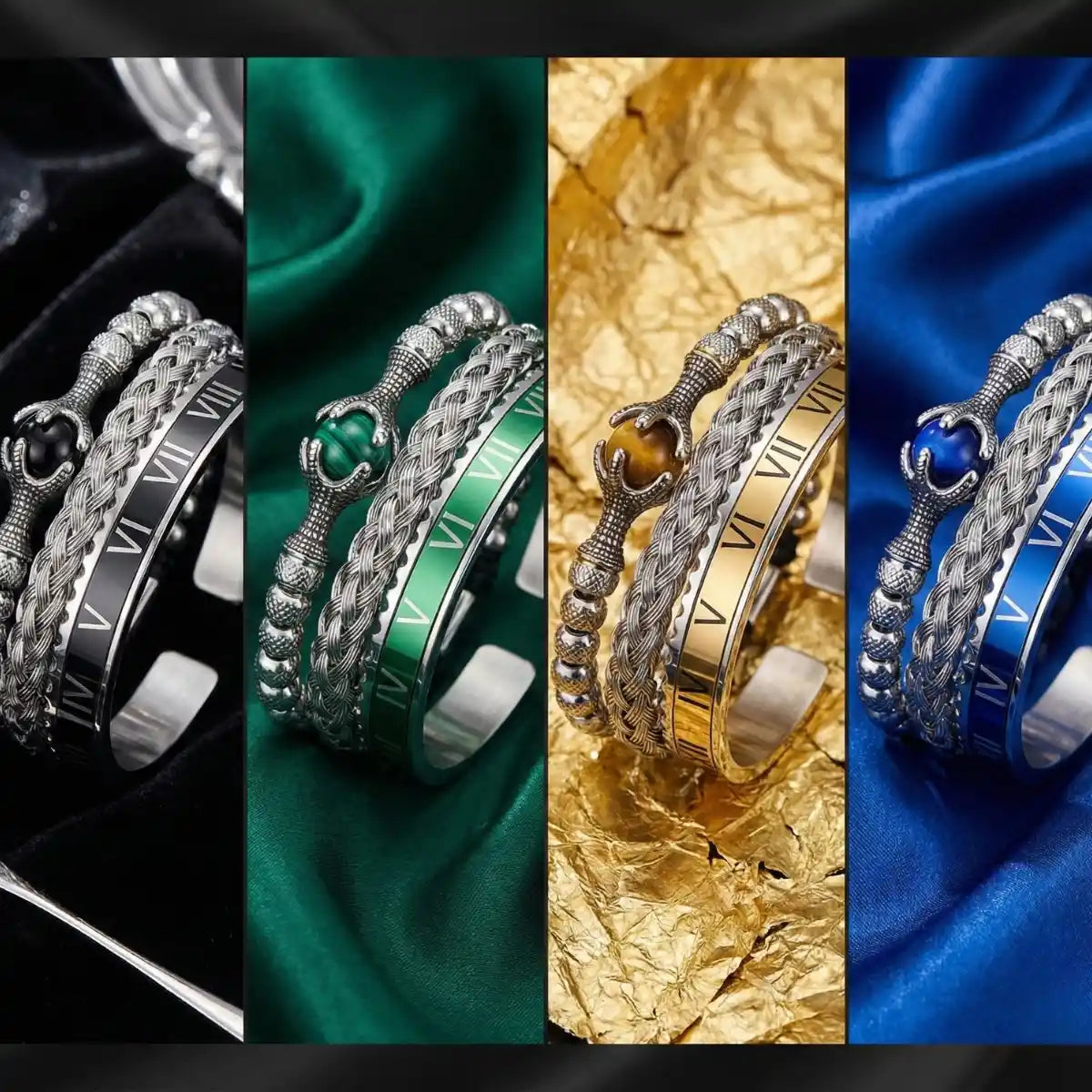 Dragon Claw & Roman Numeral Bracelet Set Green Gold Black and Blue Details