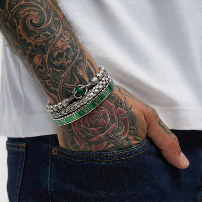 Dragon Claw & Roman Numeral Bracelet Set Green Worn by Male Model