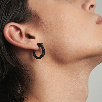 Dragon Hoop Earrings Black Worn by Male Model Close Up