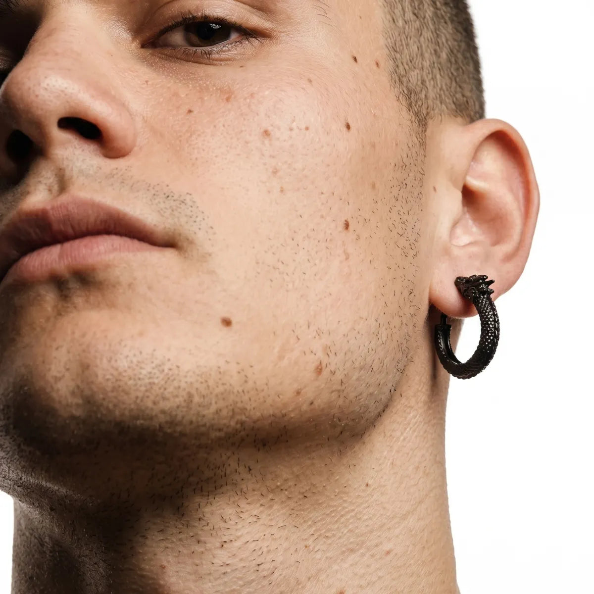 Dragon Hoop Earrings Black Worn by Male Model