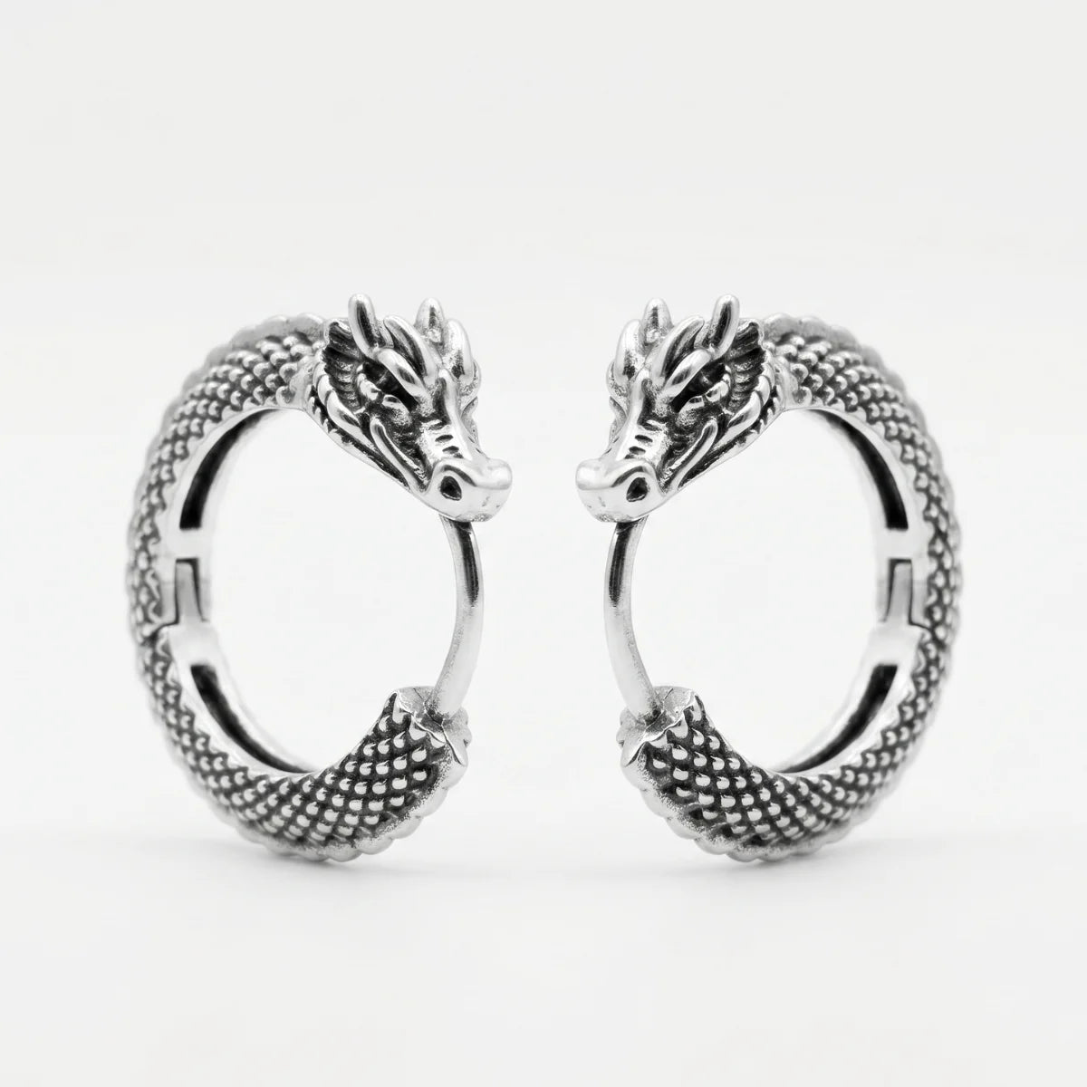 Dragon Hoop Earrings Silver Front Details