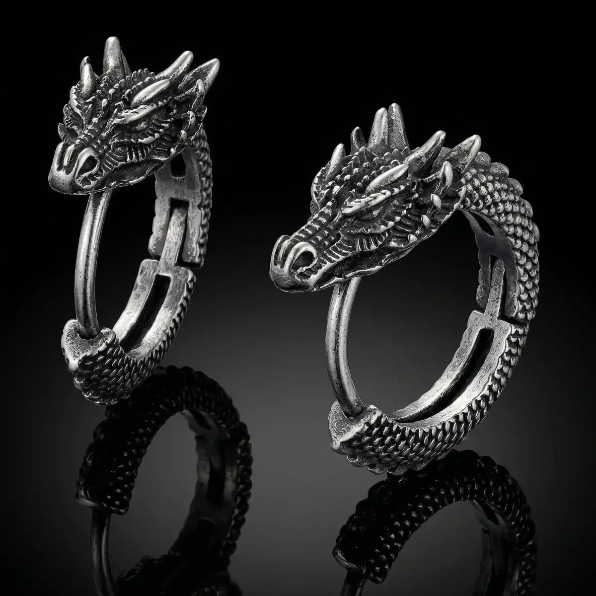 Dragon Hoop Earrings Silver Front View