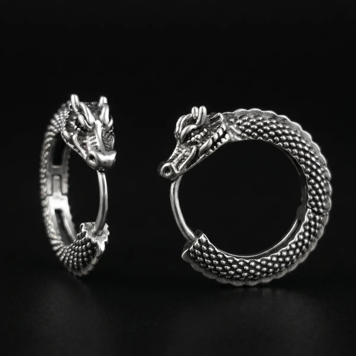 Dragon Hoop Earrings Silver Front View