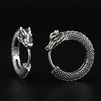 Dragon Hoop Earrings Silver Front View