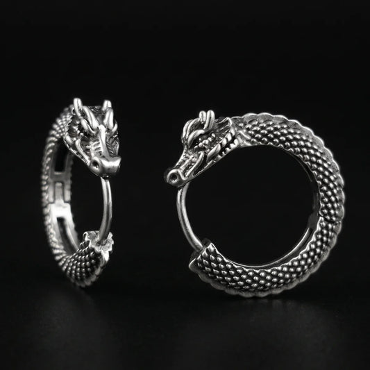 Dragon Hoop Earrings Silver Front View