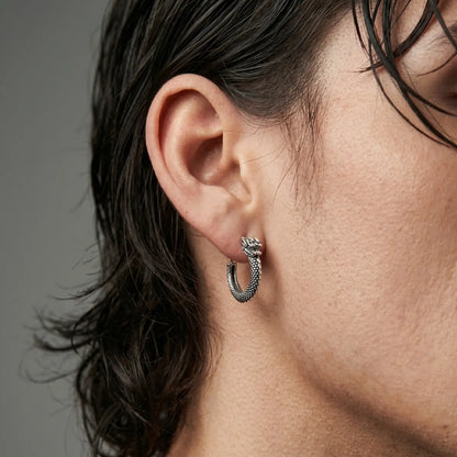Dragon Hoop Earrings Silver Worn by Male Model