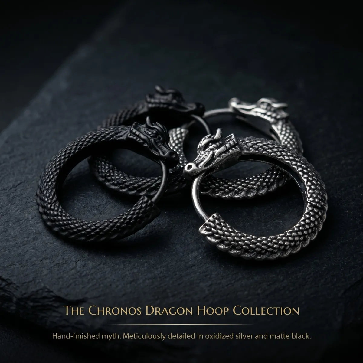 Dragon Hoop Earrings Silver and Black Collections