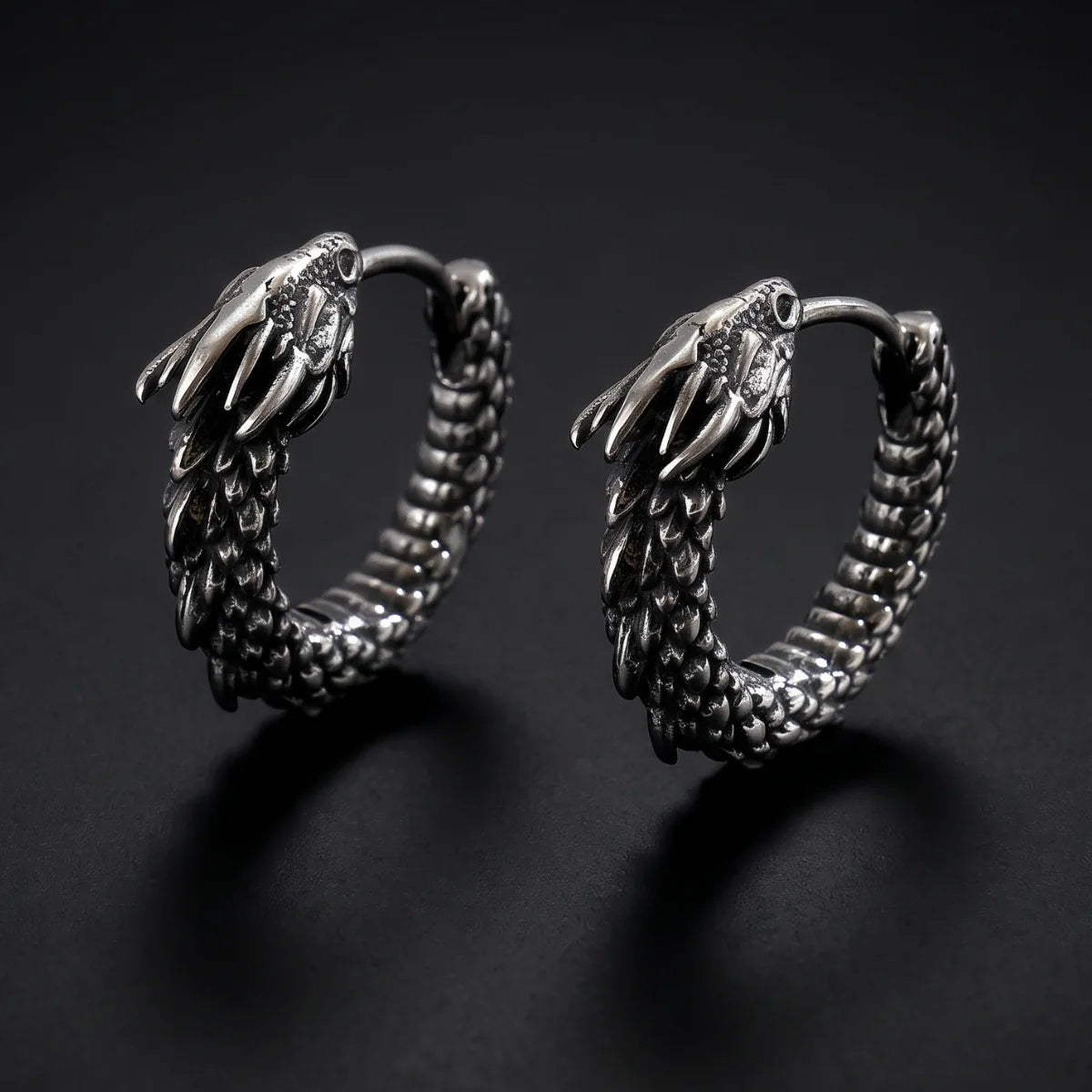 Dragon Huggie Earrings Silver Close Up