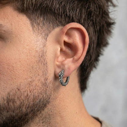 Dragon Huggie Earrings Silver Worn by Male Model