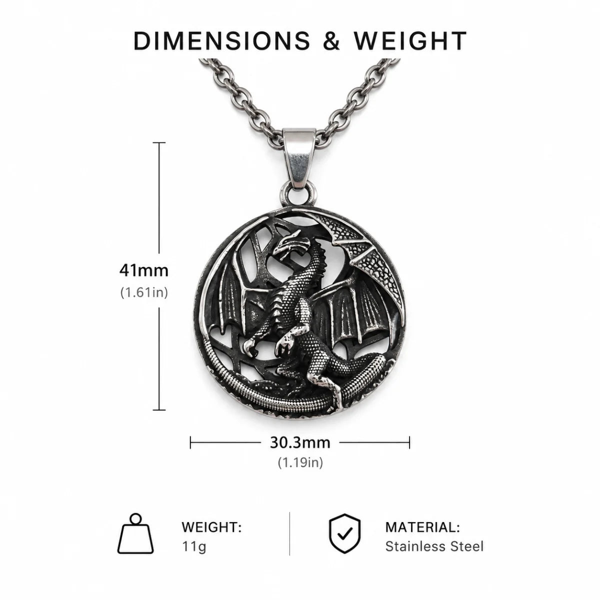 Dragon Medallion Necklace Silver Dimensions Diagram White Background