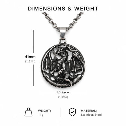 Dragon Medallion Necklace Silver Dimensions Diagram White Background