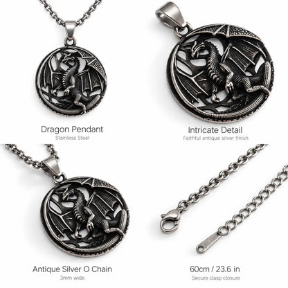 Dragon Medallion Necklace Silver Multi Angle Views White Background