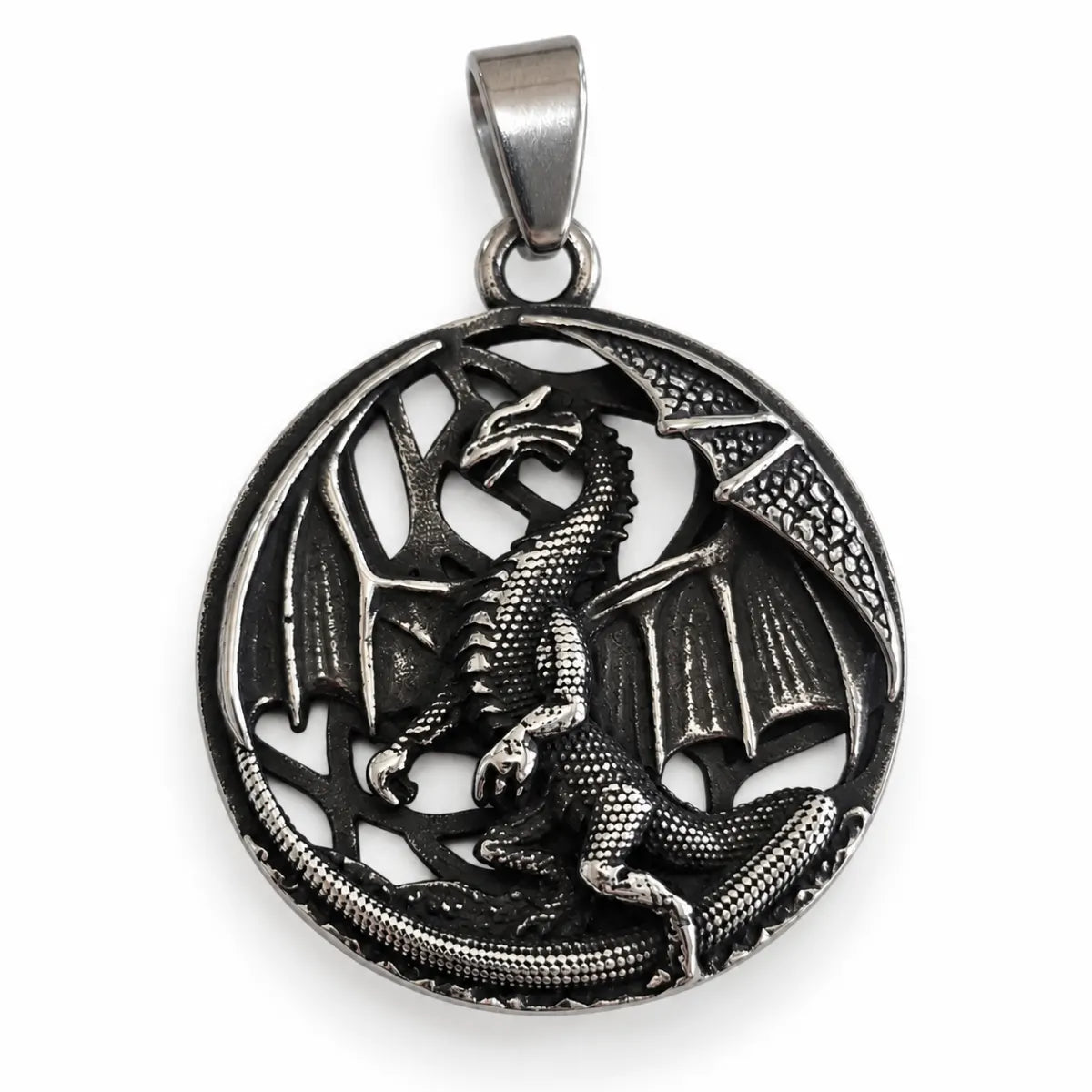 Dragon Medallion Necklace Silver Front Detail White Background