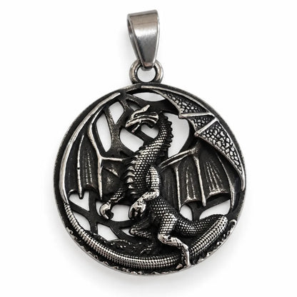Dragon Medallion Necklace Silver Front Detail White Background
