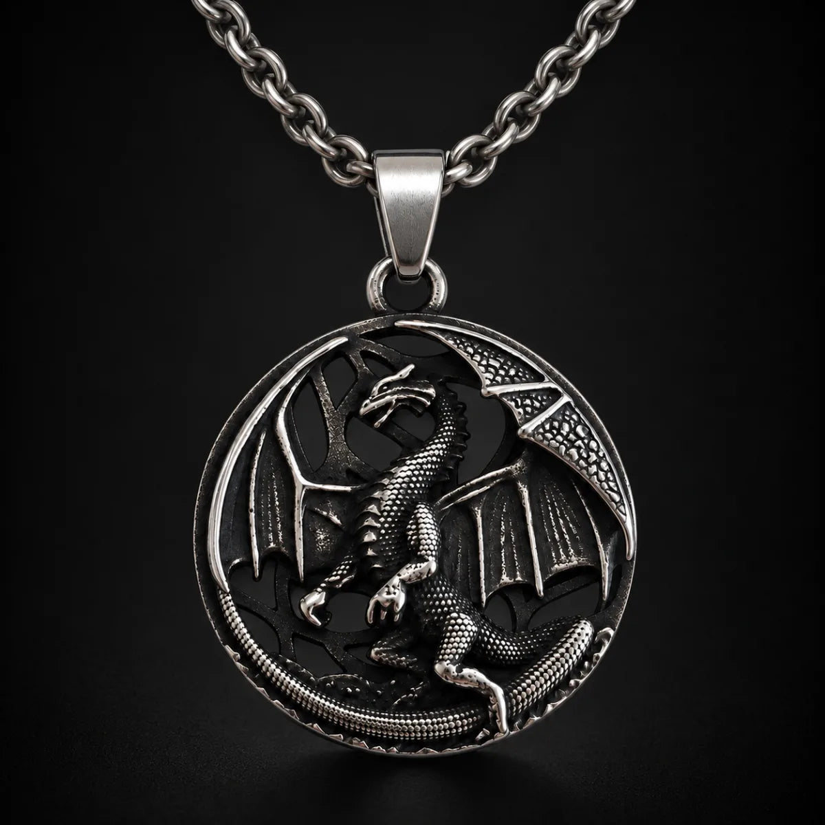 Dragon Medallion Necklace Silver Front Close Up Black Background