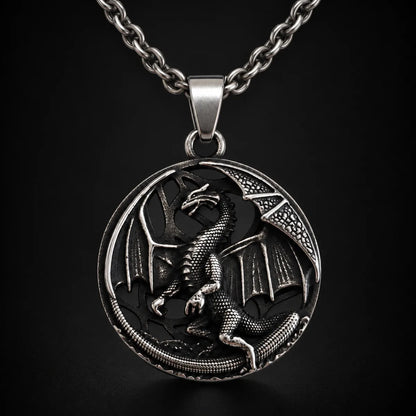 Dragon Medallion Necklace Silver Front Close Up Black Background