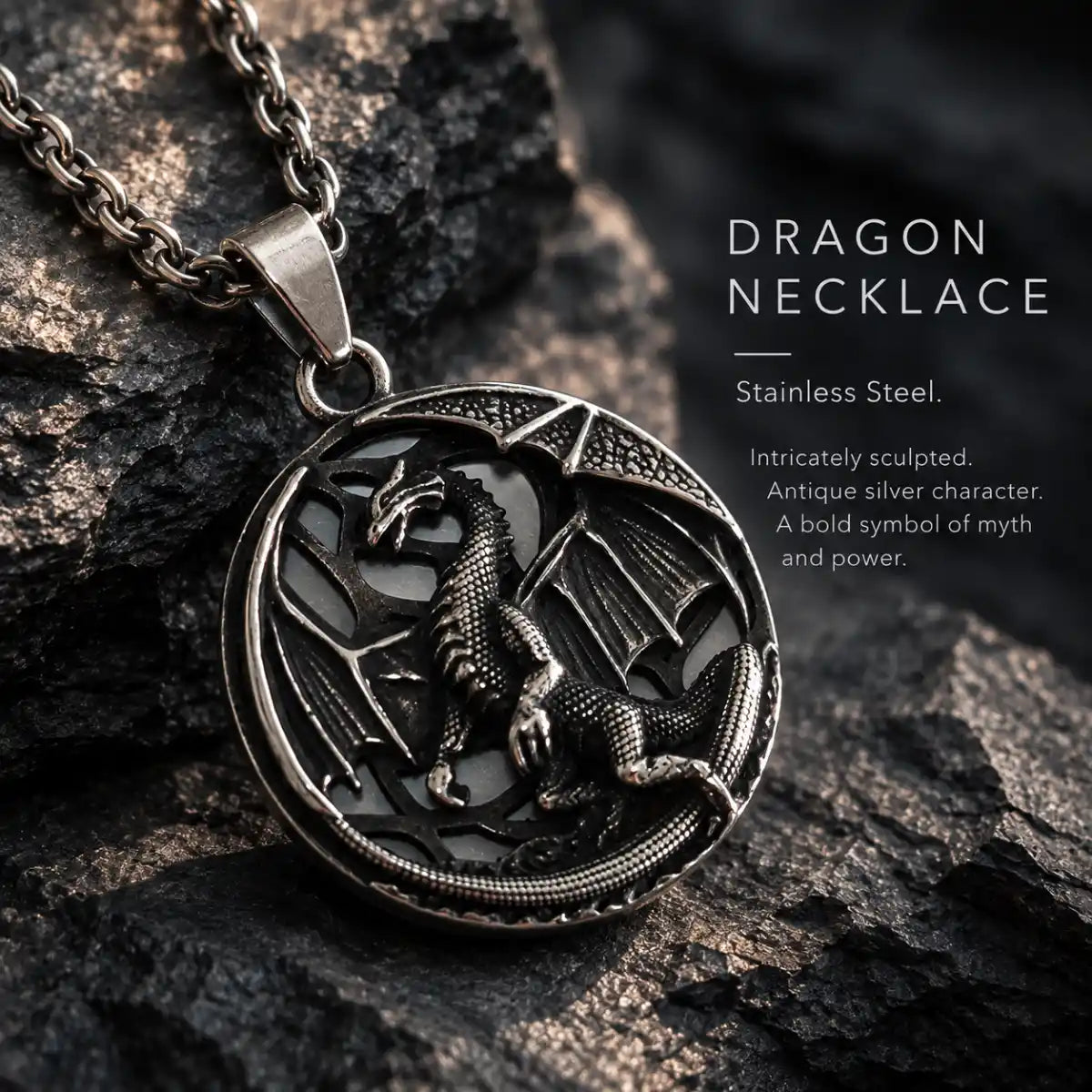 Dragon Medallion Necklace Silver Displayed on Stone Surface