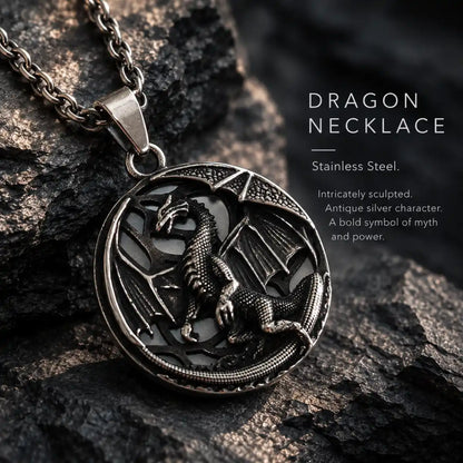 Dragon Medallion Necklace Silver Displayed on Stone Surface