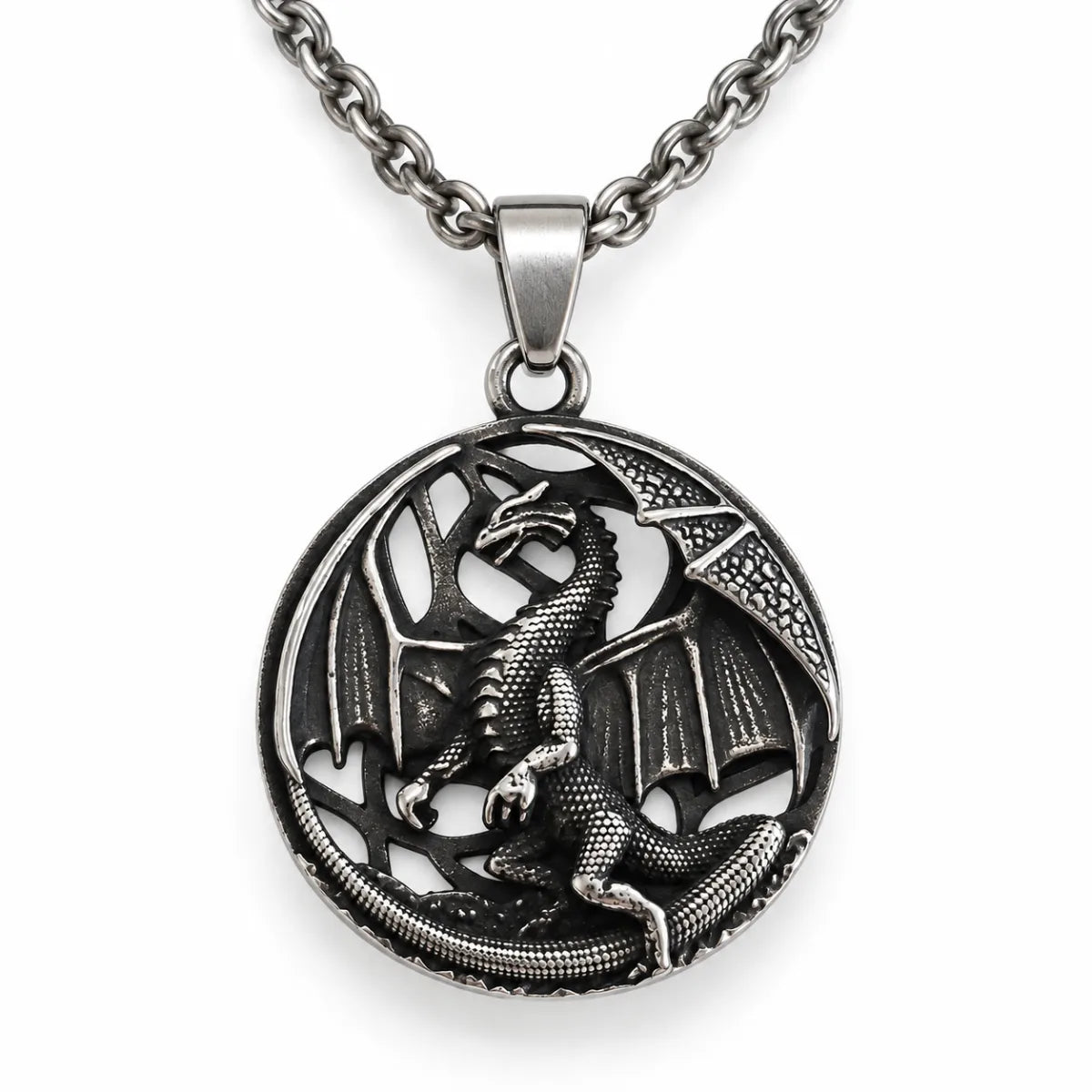 Dragon Medallion Necklace Silver Front View White Background
