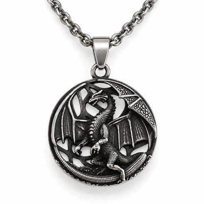 Dragon Medallion Necklace Silver Front View White Background
