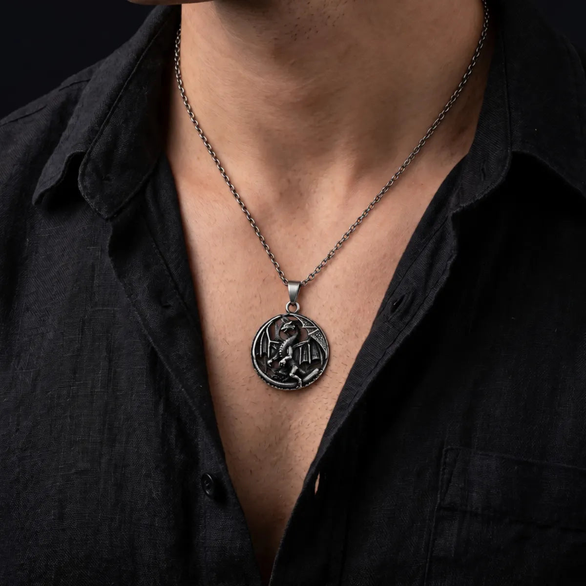 Dragon Medallion Necklace Silver Worn by Male Model Chest View