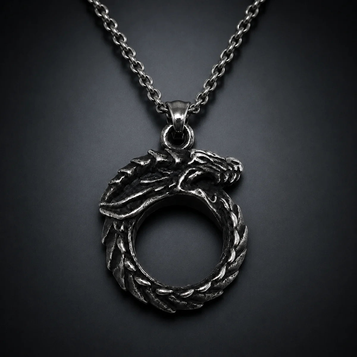 Dragon Ouroboros Pendant Necklace Silver Close Up Black Background
