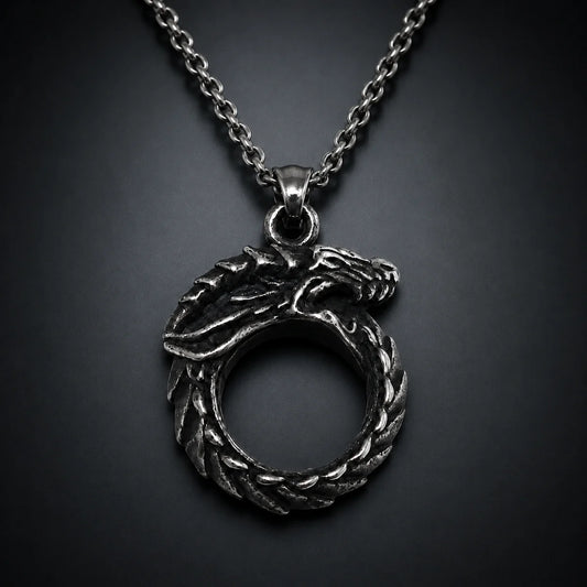 Dragon Ouroboros Pendant Necklace Silver Close Up Black Background