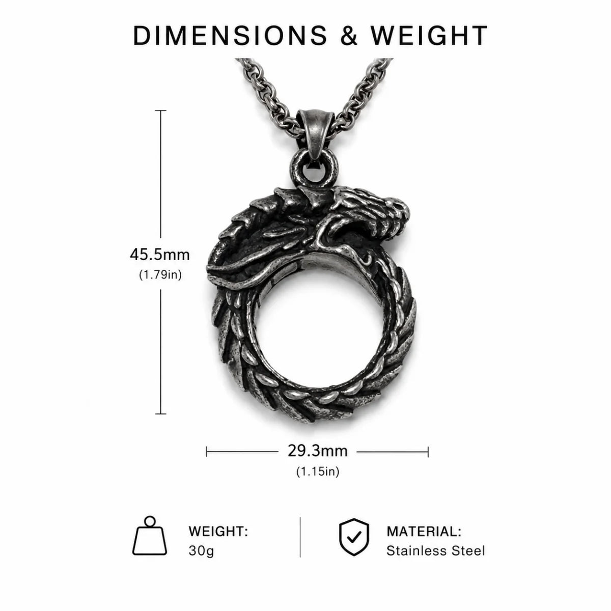 Dragon Ouroboros Pendant Necklace Silver Dimension Diagram 47.7mm 1.88inch and 31.7mm 1.25inch 21.8g 0.77oz