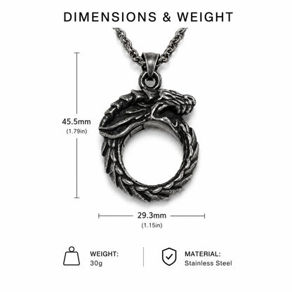 Dragon Ouroboros Pendant Necklace Silver Dimension Diagram 47.7mm 1.88inch and 31.7mm 1.25inch 21.8g 0.77oz