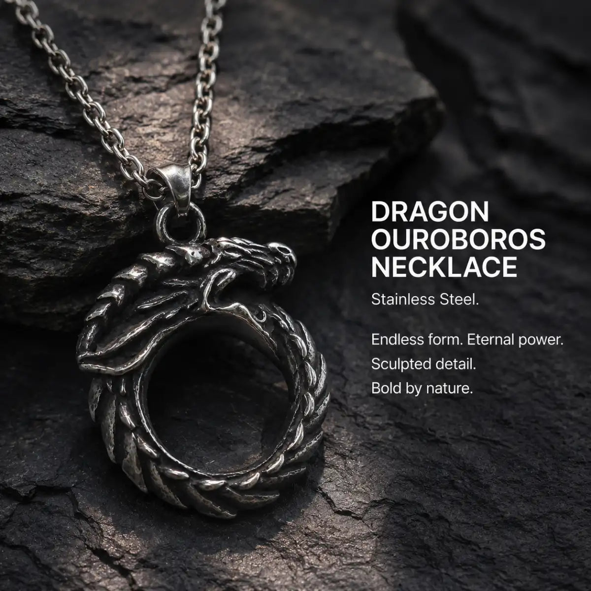 Dragon Ouroboros Pendant Necklace Silver Displayed on Stone Surface