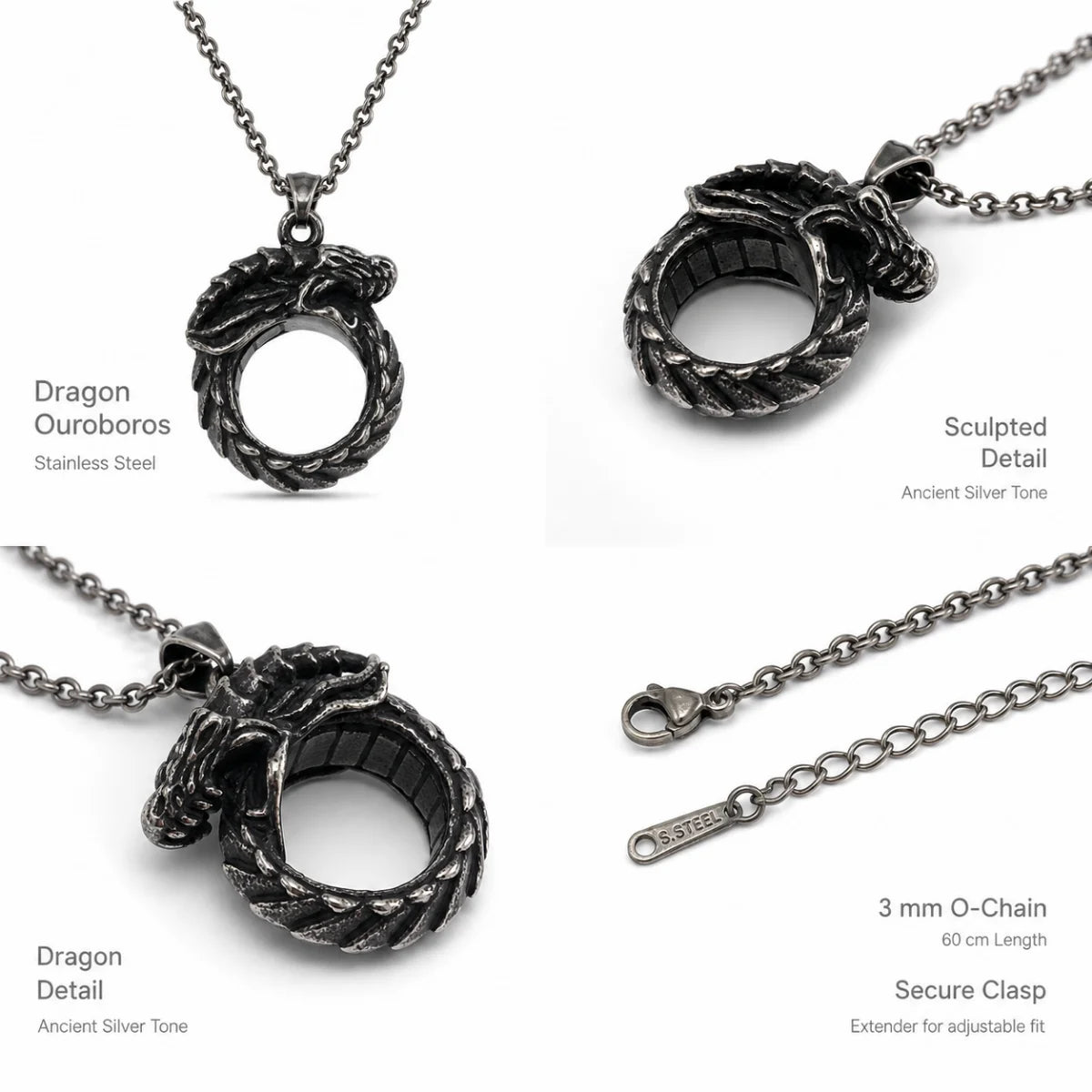 Dragon Ouroboros Pendant Necklace Silver Multi Angle Product Feature Showcase