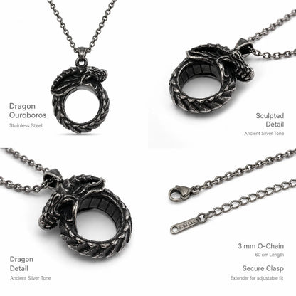 Dragon Ouroboros Pendant Necklace Silver Multi Angle Product Feature Showcase