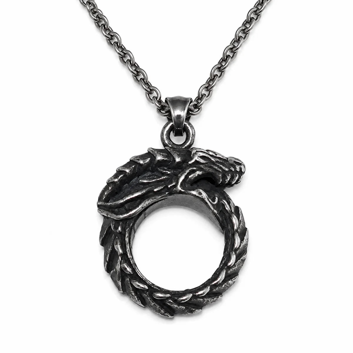 Dragon Ouroboros Pendant Necklace Silver Pendant with Chain Front View White Background