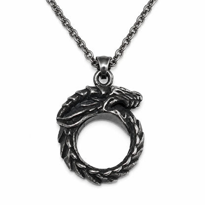 Dragon Ouroboros Pendant Necklace Silver Pendant with Chain Front View White Background