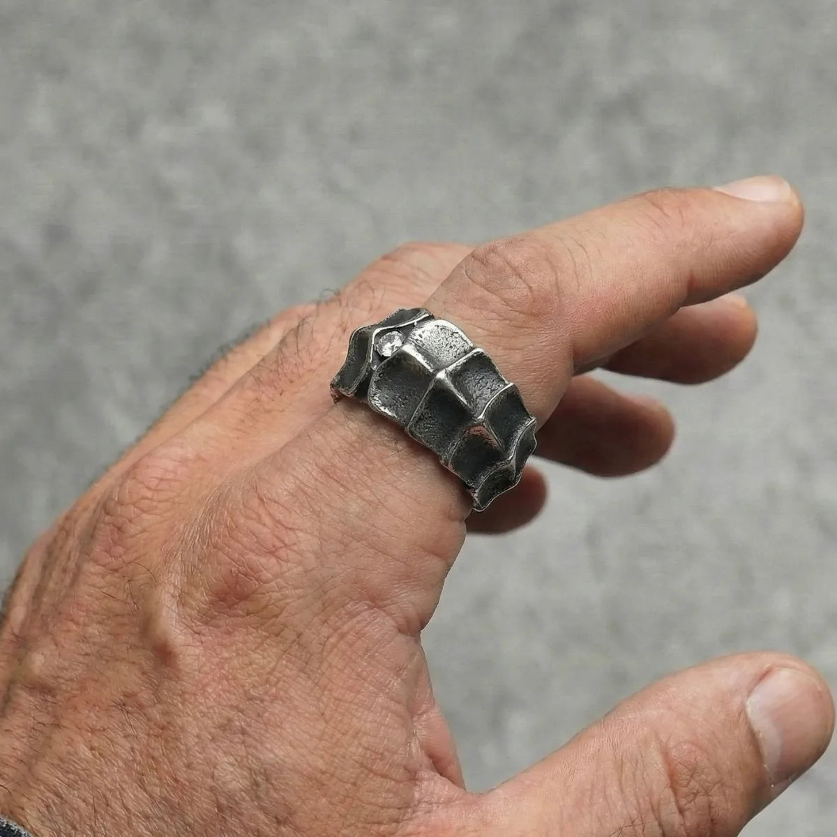 Dragon Scale Ring Worn by Male Model Close Up