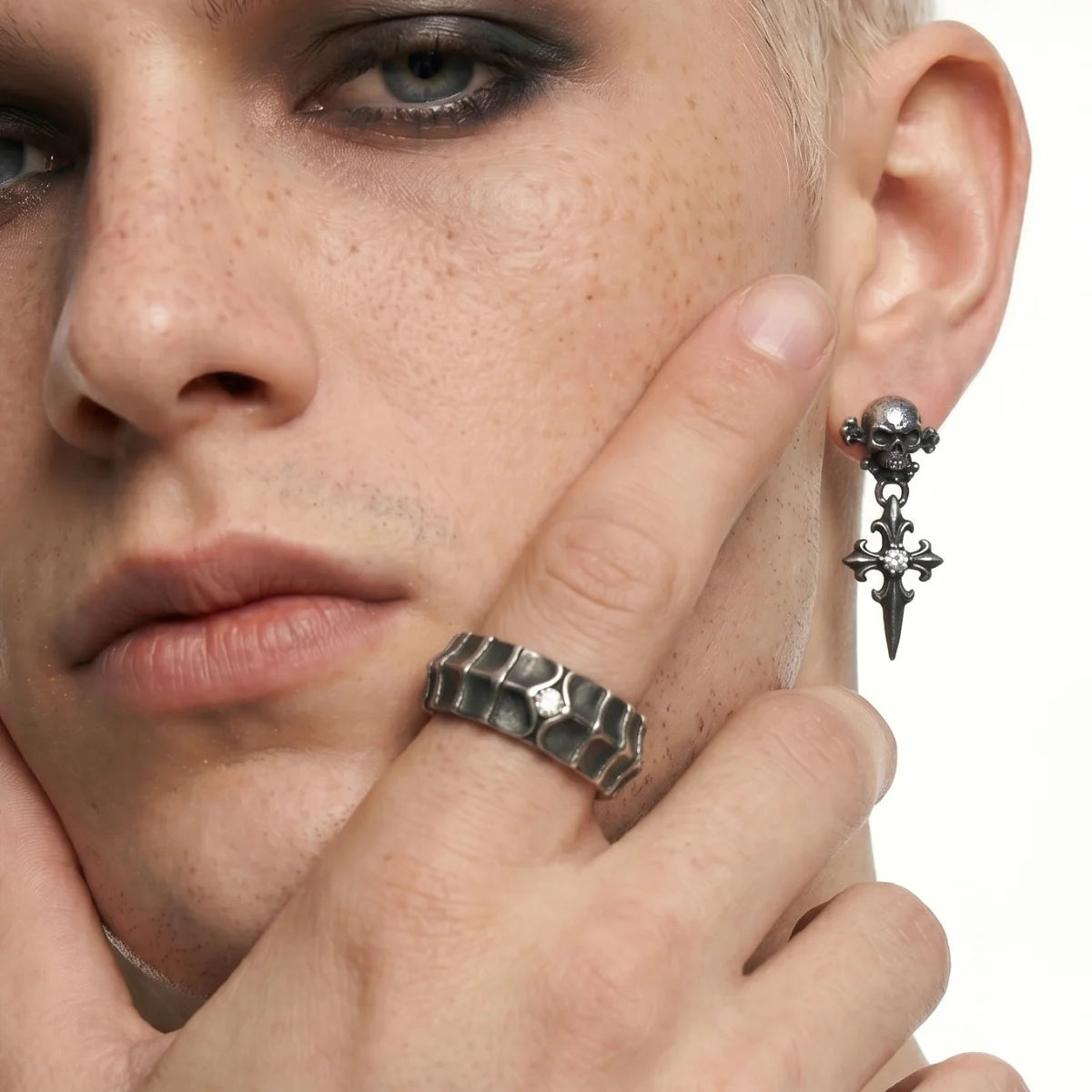 Dragon Scale Ring Worn by Male Model Front View