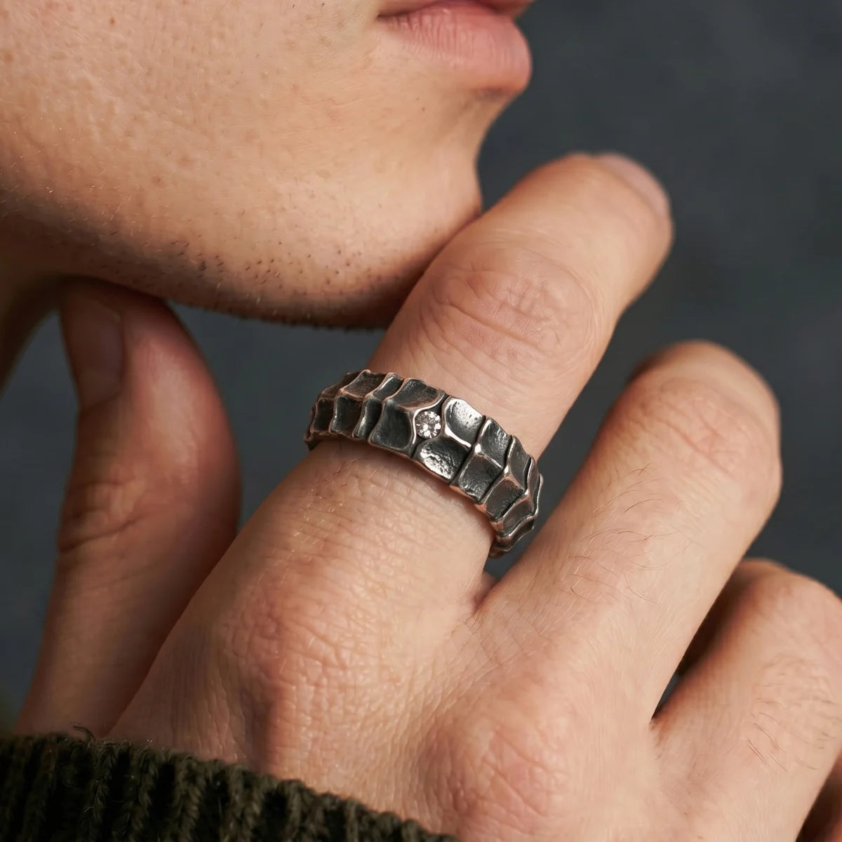 Dragon Scale Ring Worn by Male Model Side Close Up