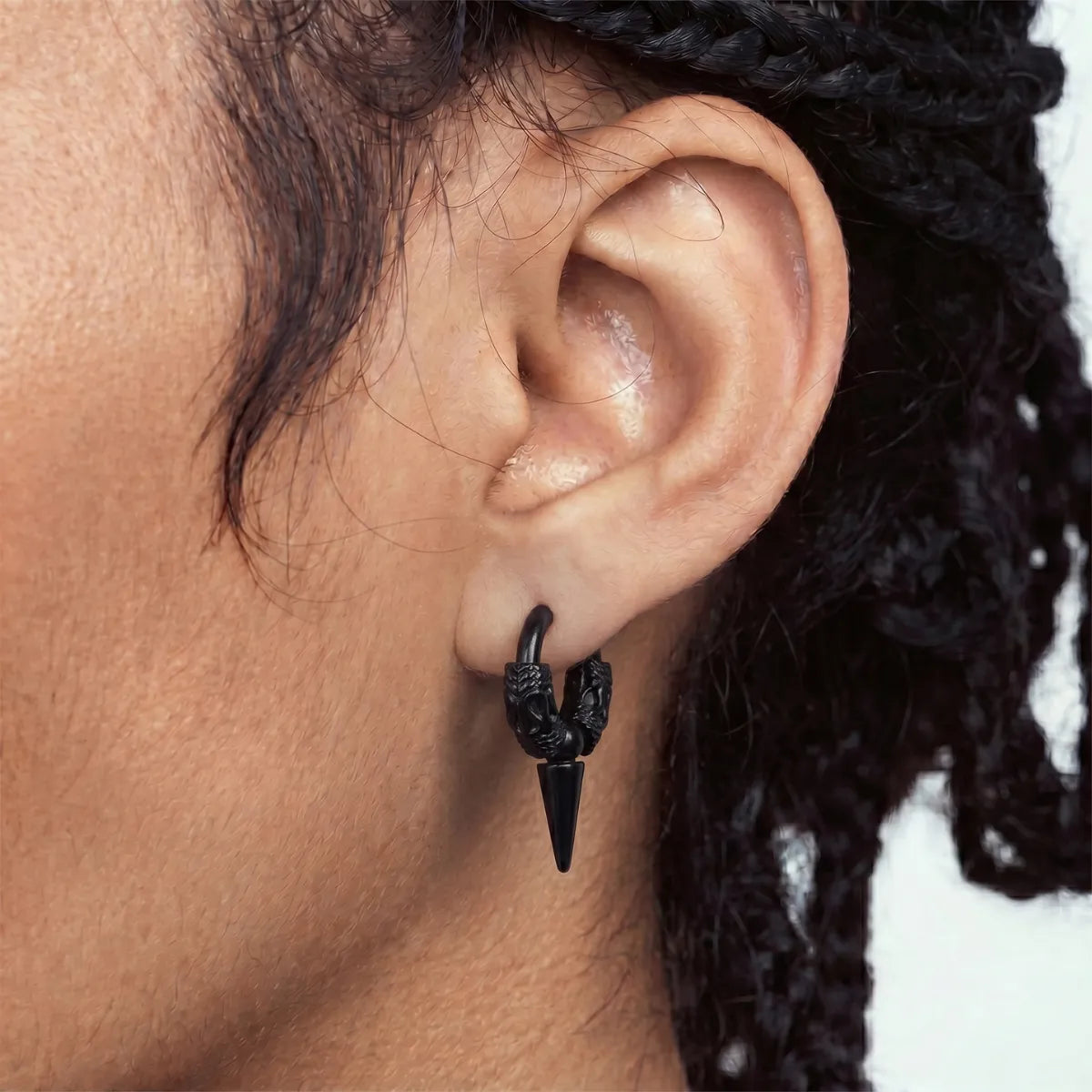 Dragon Spike Earrings Black Worn by Male Model