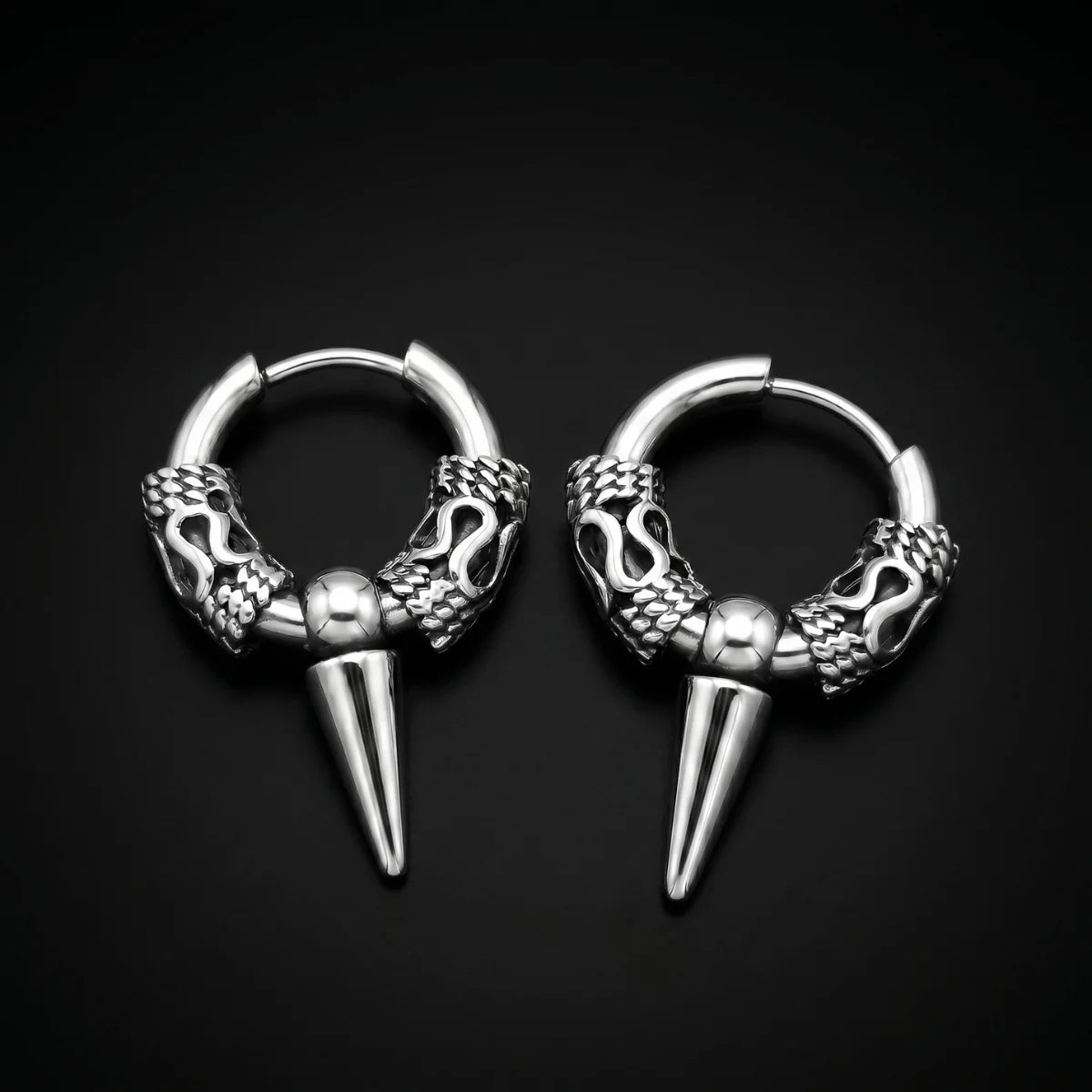 Dragon Spike Earrings Silver Close Up