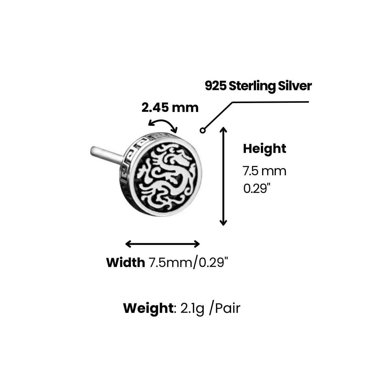 Dragon Stud Earrings Sterling Silver Dimensions and Weight