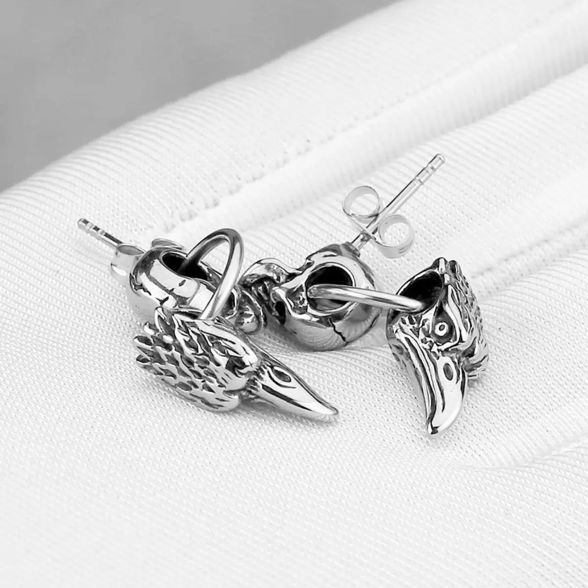 Eagle Head Skull Drop Earrings Close Up