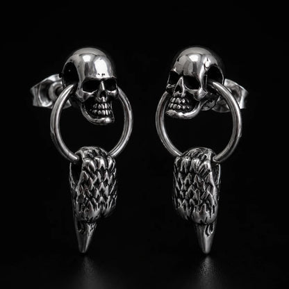 Eagle Head Skull Drop Earrings Silver Pair Close Up Black Background