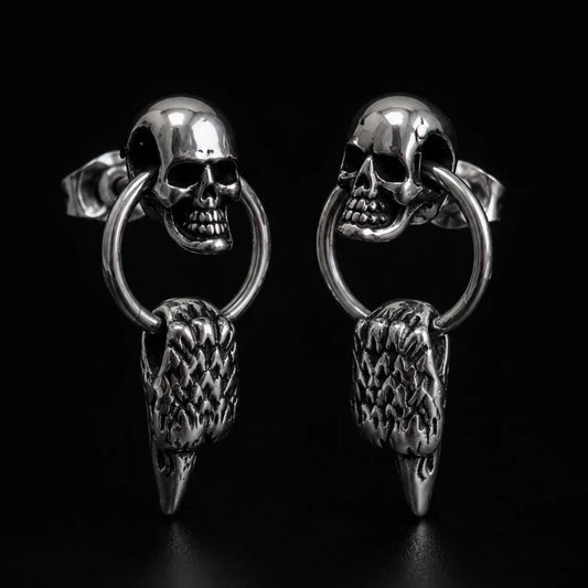 Eagle Head Skull Drop Earrings Silver Pair Close Up Black Background